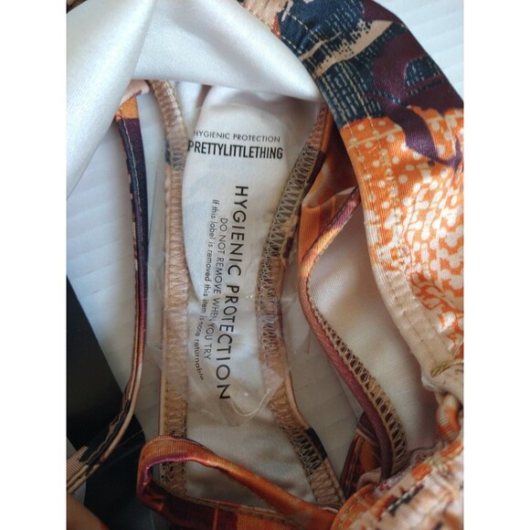 NWT Pretty Little Thing Bikini Top 10 Bottom 8 orange newspaper print ruched tie - Picture 12 of 12